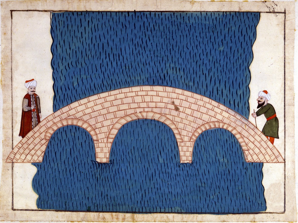 İstanbul. Galata Köprüsü. “Türk Anıtları”ndan minyatür (codex Cicogna 1971 “Memorie Turchesche”) 17. yüzyıl Venedik okulundan suluboya. by Venetian School
