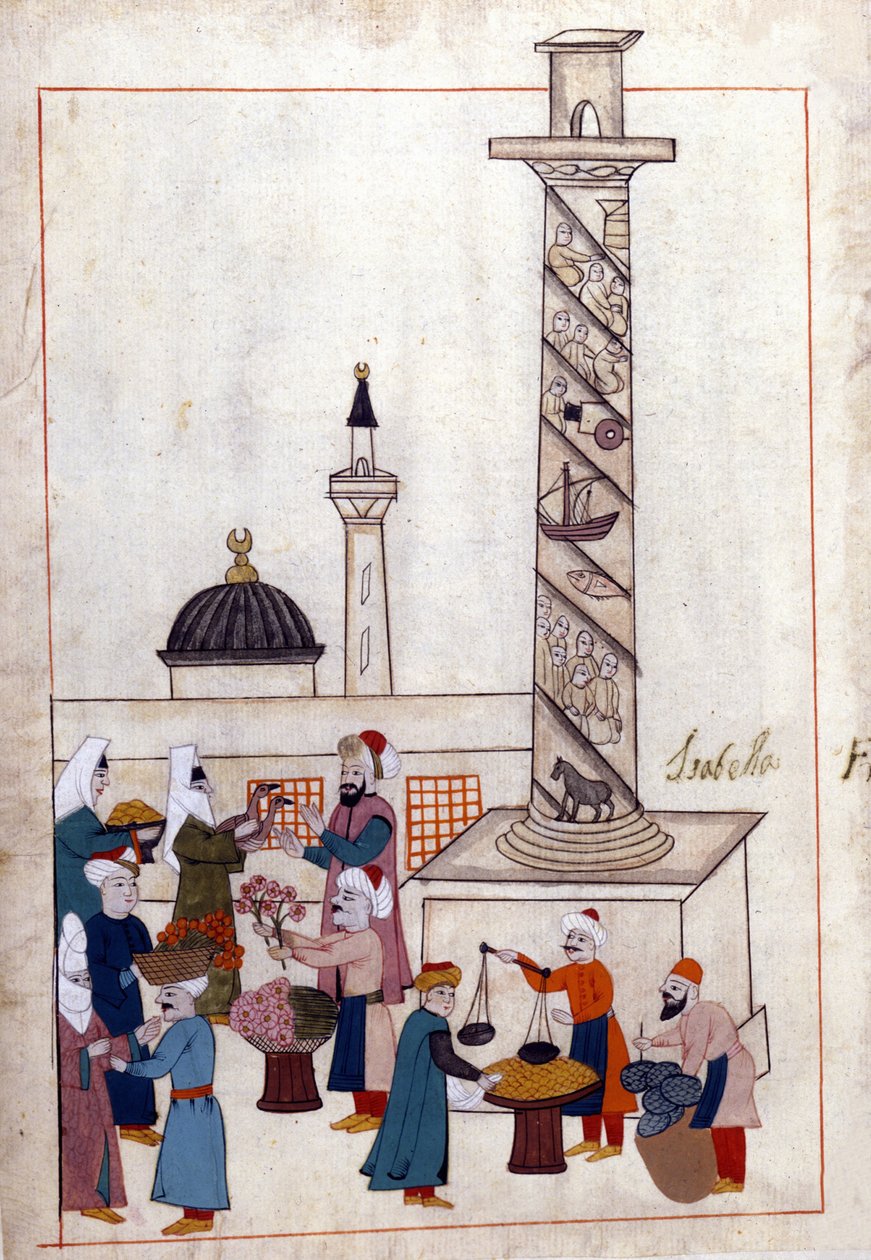 İstanbul; Dikilitaş yakınındaki çarşı (veya yürüyüşler). “Türk Anıtları”ndan minyatür (codex Cicogna 1971 “Memorie Turchesche”) 17. yüzyıl Venedik okulundan suluboya. by Venetian School