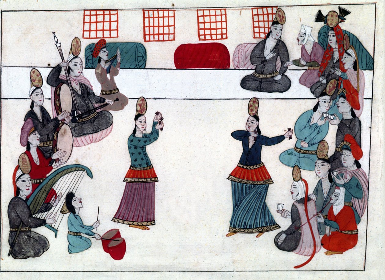 Osmanlı İmparatorluğu döneminde müzisyenler ve dansçılar. “Türk Anıtları”ndan minyatür (codex Cicogna 1971 “Memorie Turchesche”) 17. yüzyıl Venedik okulundan suluboya. by Venetian School
