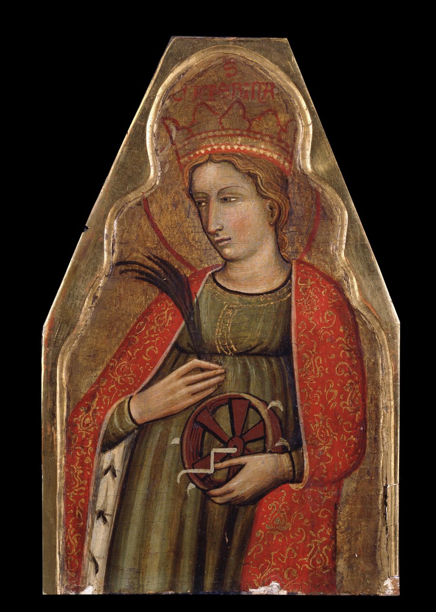 İskenderiye Aziz Catherine (Aziz Catherine). Venedikli bir ustanın yaptığı resim. Ahşap üzerine tempera, 26 x 16.5 cm, 14. yüzyılın ikinci yarısı. Venedik sanatı, İtalyan Gotik sanatı. Özel koleksiyon. by Venetian School