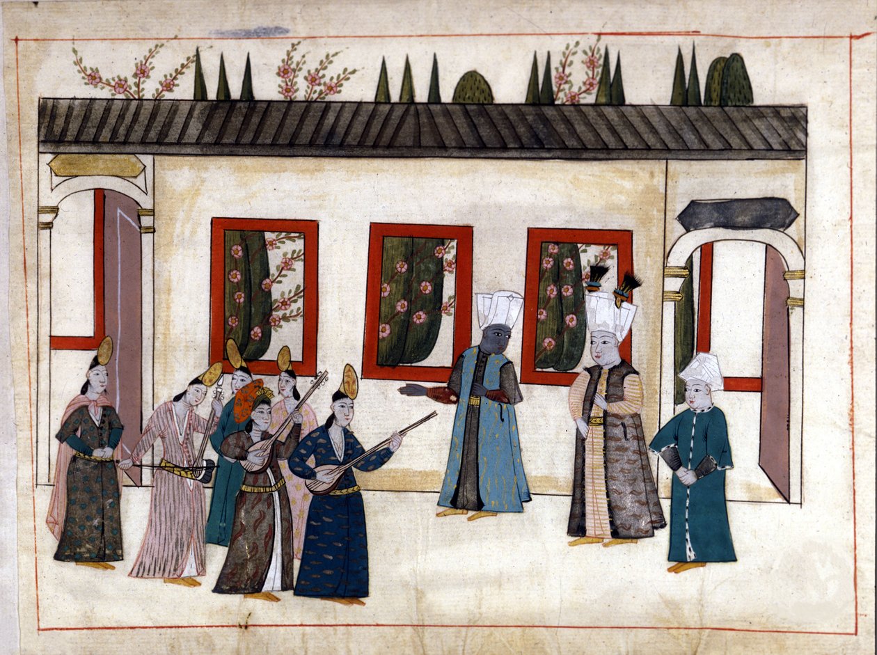 Padişah, hadımların annesi ve reisi ile gözdeyi ziyaret eder. “Türk Anıtları”ndan minyatür (codex Cicogna 1971 “Memorie Turchesche”) 17. yüzyıl Venedik okulundan suluboya. by Venetian School