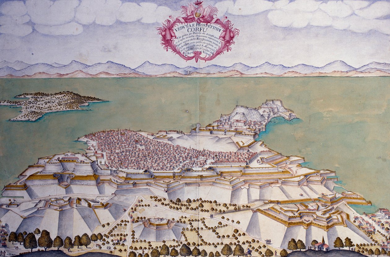 tahkimatı ile Korfu şehir planı, Venedik devlet arşivi by Venetian School