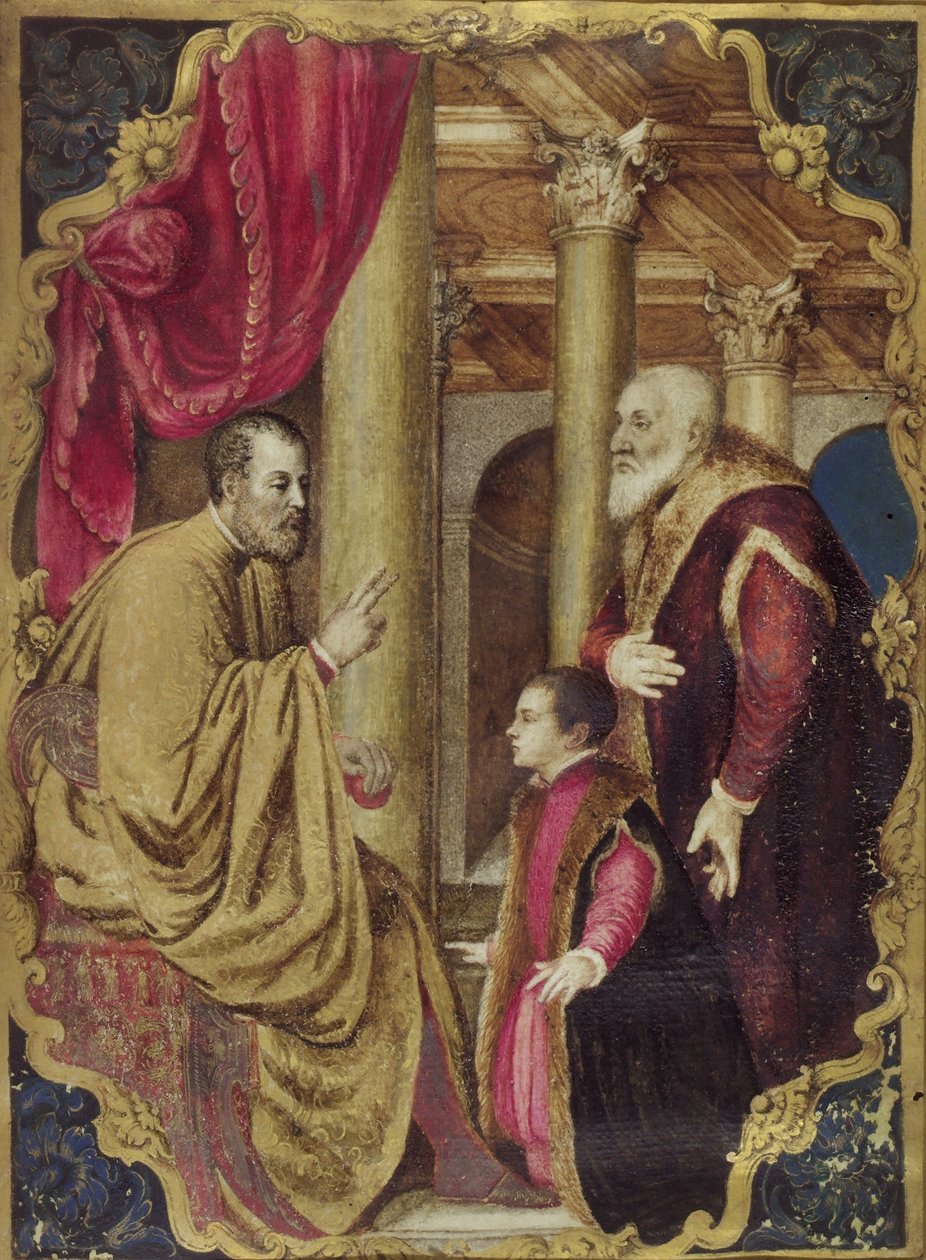 Venedikli Senatör veya Doge, oğlunu koruyucu azizine sunarken (panel üzerine yerleştirilmiş kağıt üzerine yağlı boya) by Venetian School