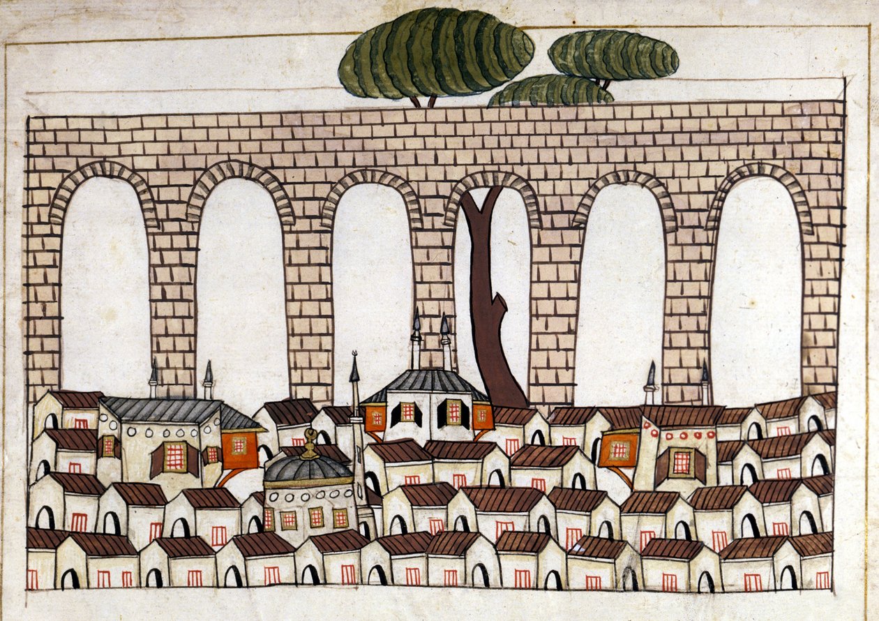 Konstantinopolis ve su kemerinin görünümü. “Türk Anıtları”ndan minyatür (codex Cicogna 1971 “Memorie Turchesche”) 17. yüzyıl Venedik okulundan suluboya. by Venetian School