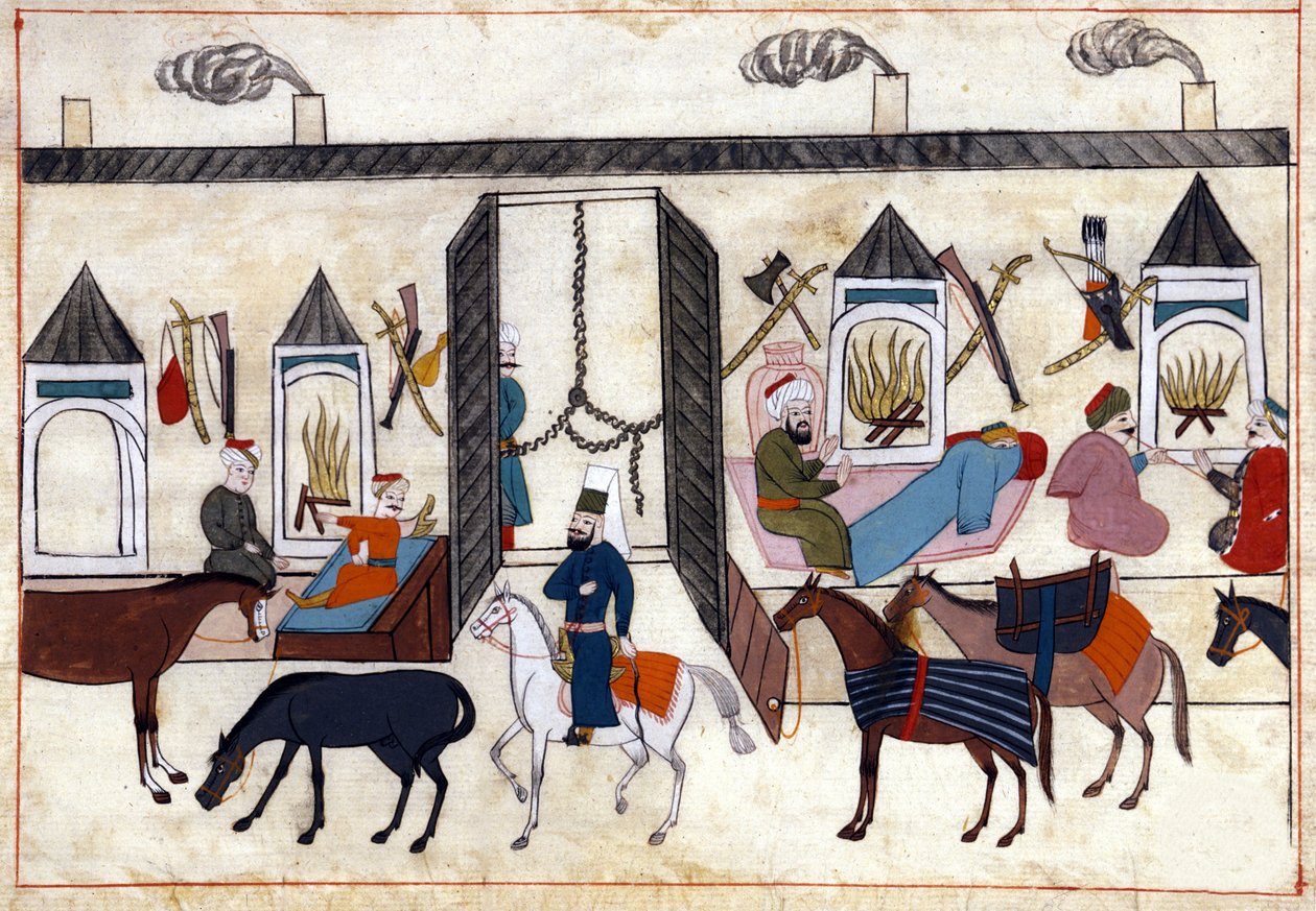 Osmanlı İmparatorluğu döneminde Türkiye'de bir kervanın iç görünümü. “Türk Anıtları”ndan minyatür (codex Cicogna 1971 “Memorie Turchesche”) 17. yüzyıl Venedik okulundan suluboya. by Venetian School