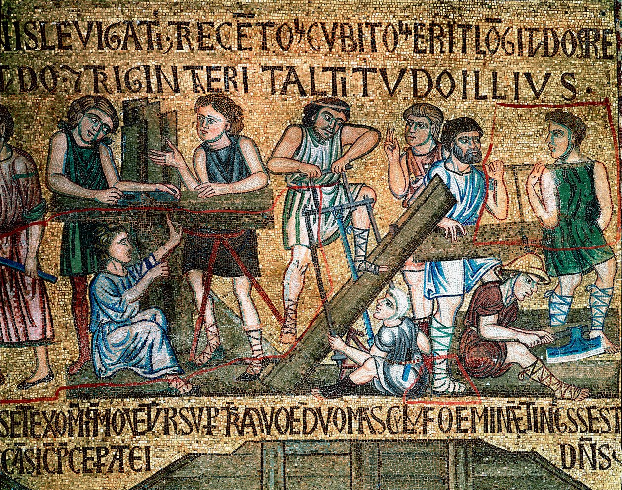 Bizans mimarisi: “” Babil kulesinin inşası”” Sahada işçiler ve marangozlar tahtalar gördü. Venedikli sanatçılar tarafından yapılmış mozaik 13. yüzyıl Basilica di San Marco by Veneto Byzantine School