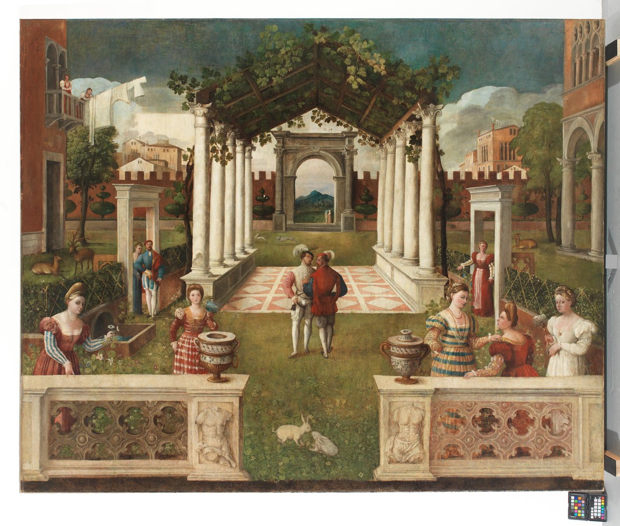 Zarif figürlere sahip klasik bir mimari bahçe, ötesinde dağlık bir manzara, c. 1530 (tuval üzerine yağlı boya) by Veronese School
