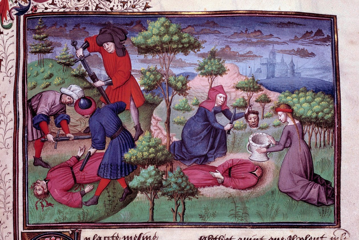 Katilleri kafalarını kesen iki adamın cinayet sahnesi. İtalyan yazar Giovanni Boccaccio dit Jean Boccace