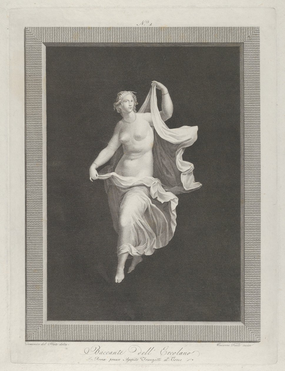 Kısmen çıplak bir bacchante öne çıkıyor ve her birinde perdesinin uçlarını tutuyor ..., yaklaşık. 1795-1820 by Vicenzo Feoli