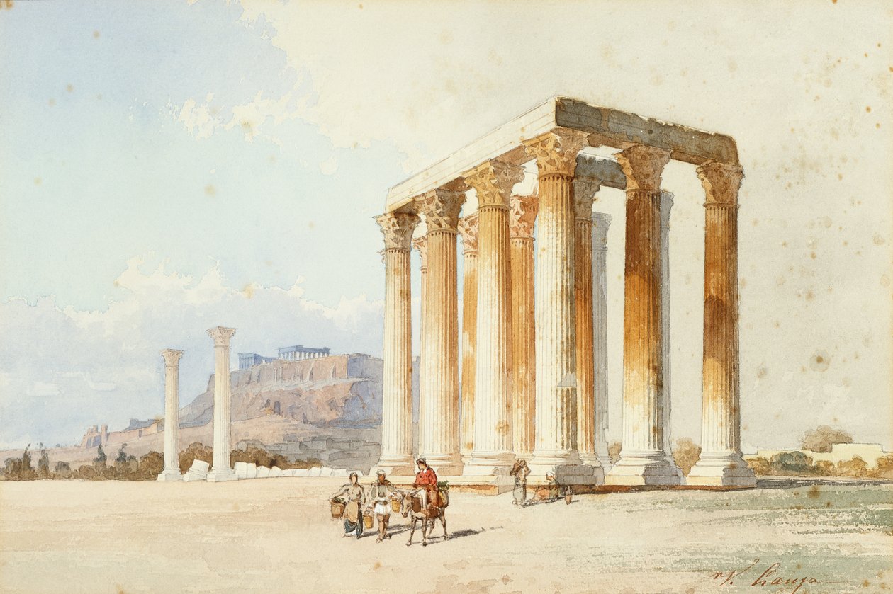 Akropolis, Parthenon, Atina ile Zeus Tapınağı (suluboya ve gövde rengi) by Vicenzo Lanza