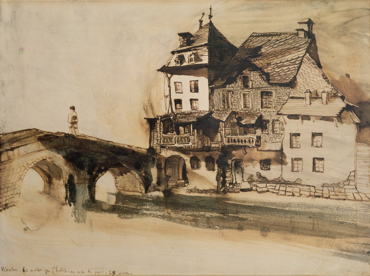 Vianden'de Köprünün Yanında Yaşadığım Ev, 28 Temmuz 1871 (kalem ve mürekkep ve kağıt üzerinde yıkama) by Victor Hugo