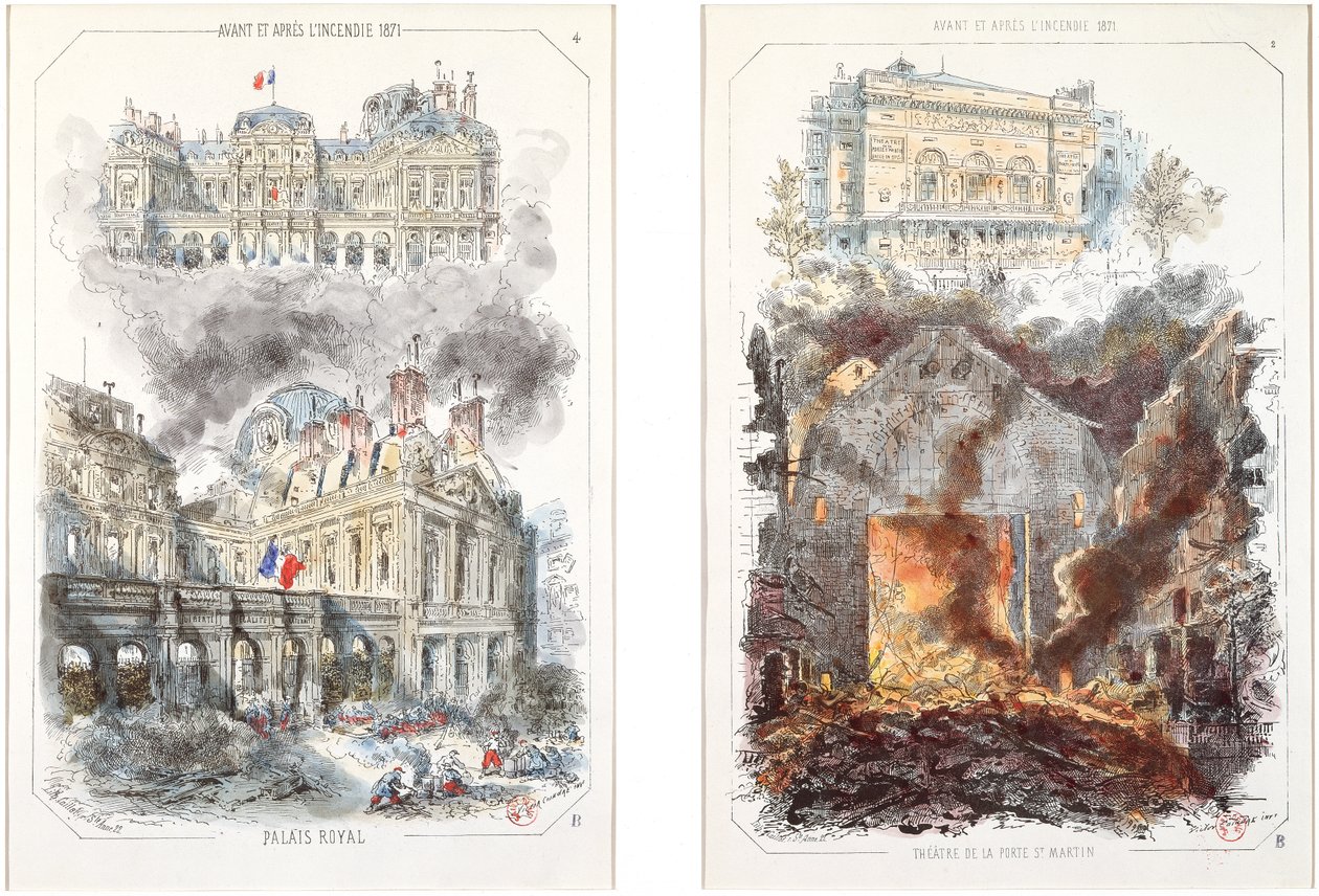 1871 yangınından önce ve sonra Palais Royal ve Theatre de la Porte Saint-Martin by Victor after Coindre