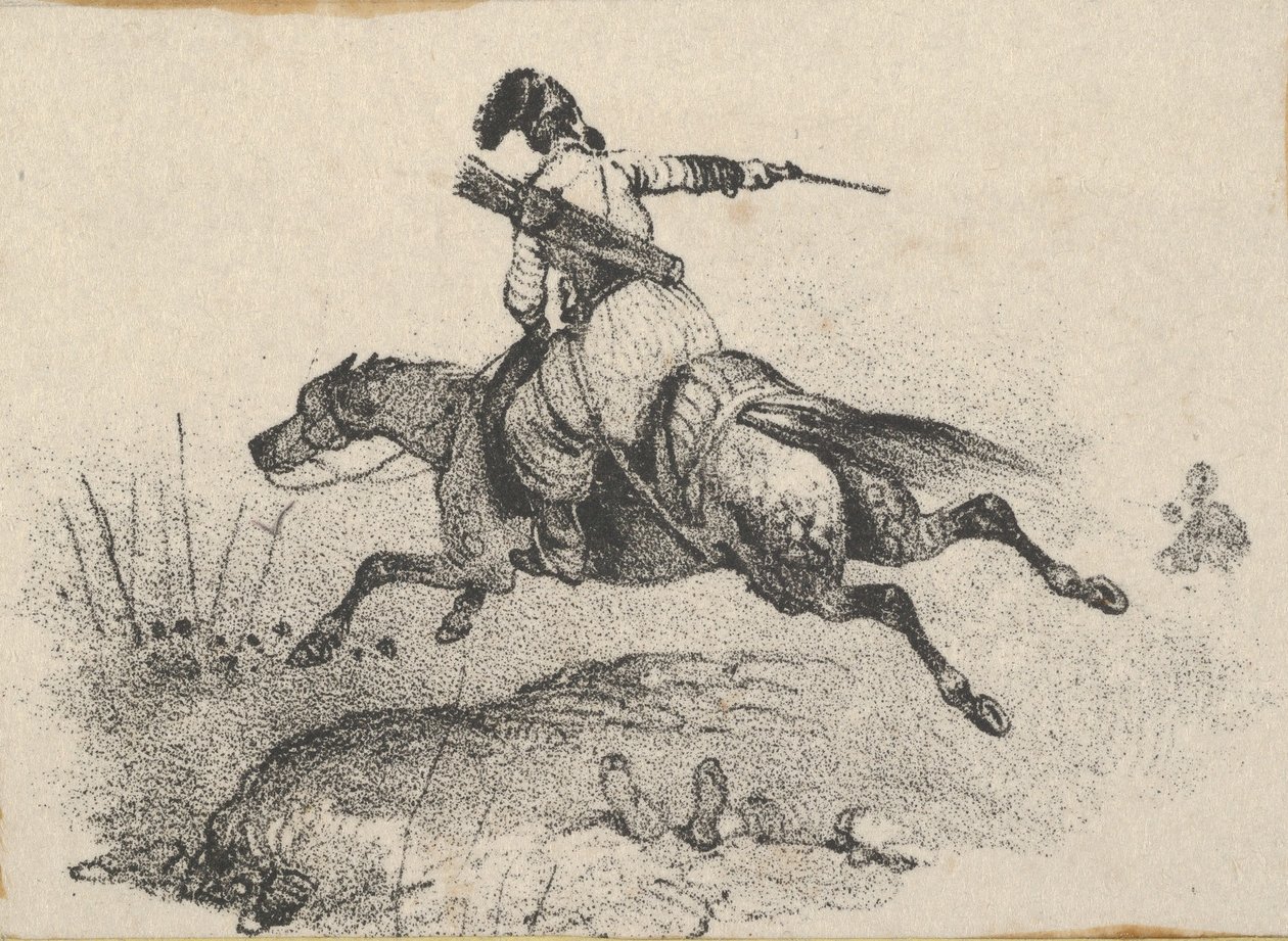 Dört nala koşan atlı asker, 19. yüzyılın ortalarında. by Victor Adam