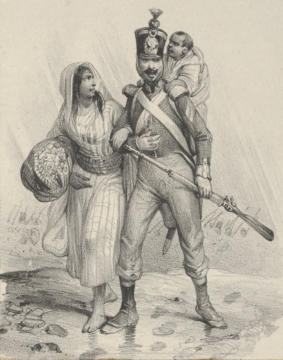Kolunda kadın, sırtında çocuk olan asker, 19. yüzyılın ortalarında.. by Victor Adam