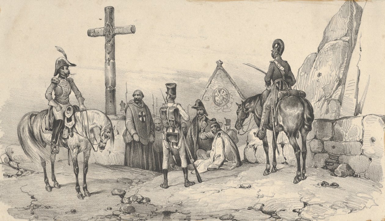 19. yüzyılın ortalarında askerler, rahipler ve bir haçla bir kilisenin önünde toplandılar. by Victor Adam