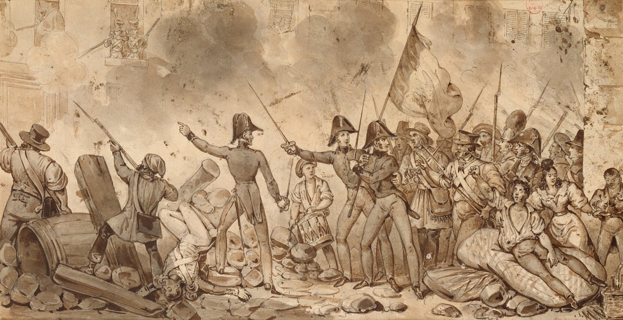 Rue de Babylone'un kışlasının alınması, 29 Temmuz 1830 (çizim) by Victor Adam