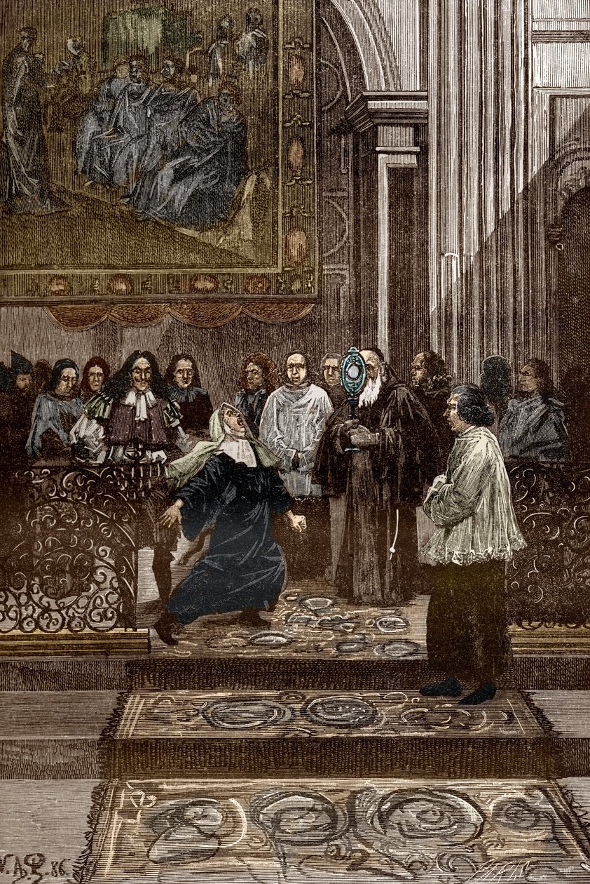Affaire des possedes de Loudun (demons de Loudun) 1630 dolaylarında: "Loudun the Possessions" olaylarının ardından Chinon rahibi Pierre Barre tarafından ursuline manastırının üstün cin annesine şeytan çıkarma, Loudu'nun sahip olduğu için örne by Victor Armand Poirson