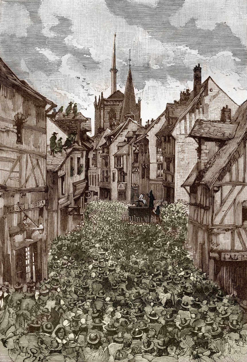 Affaire des possedes de Loudun (demons de Loudun) 1630 dolaylarında: cadı avı, şeytanla anlaşma yaptığı iddia edilen ve rahibeleri büyülemekle suçlanan Fransız rahip Urbain Grandier (1590-1634) kasapta yakılır - ( Urban Grandier, fren by Victor Armand Poirson