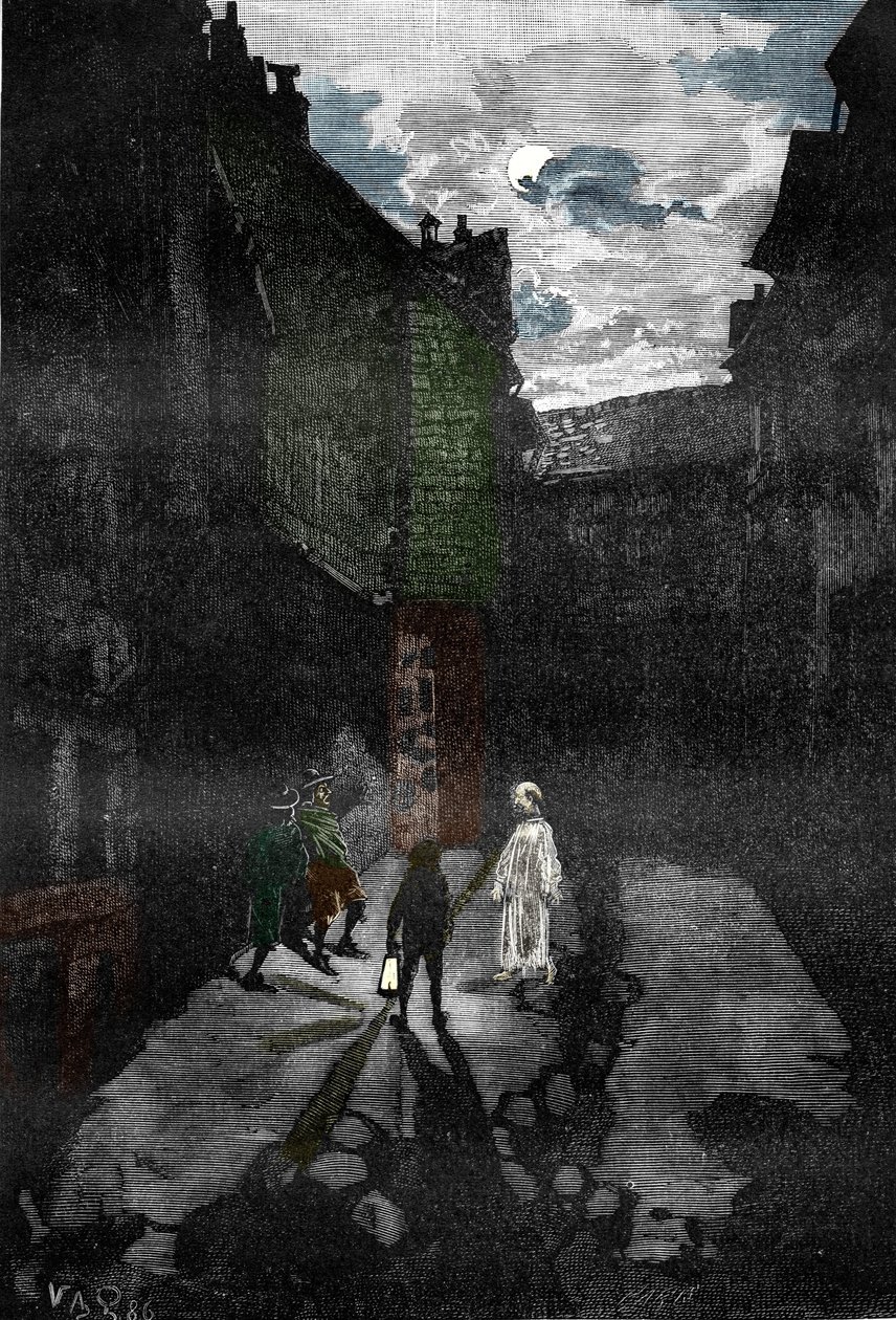 Paranormal fenomen: "" Perili bir şatonun avlusunda bir hayaletin görünmesi"" (Bir hayalet belirir, perili bir şatoda) Louis Figuier'in "" Les mysteres de la science"" adlı gravürü, Özel Koleksiyon by Victor Armand Poirson