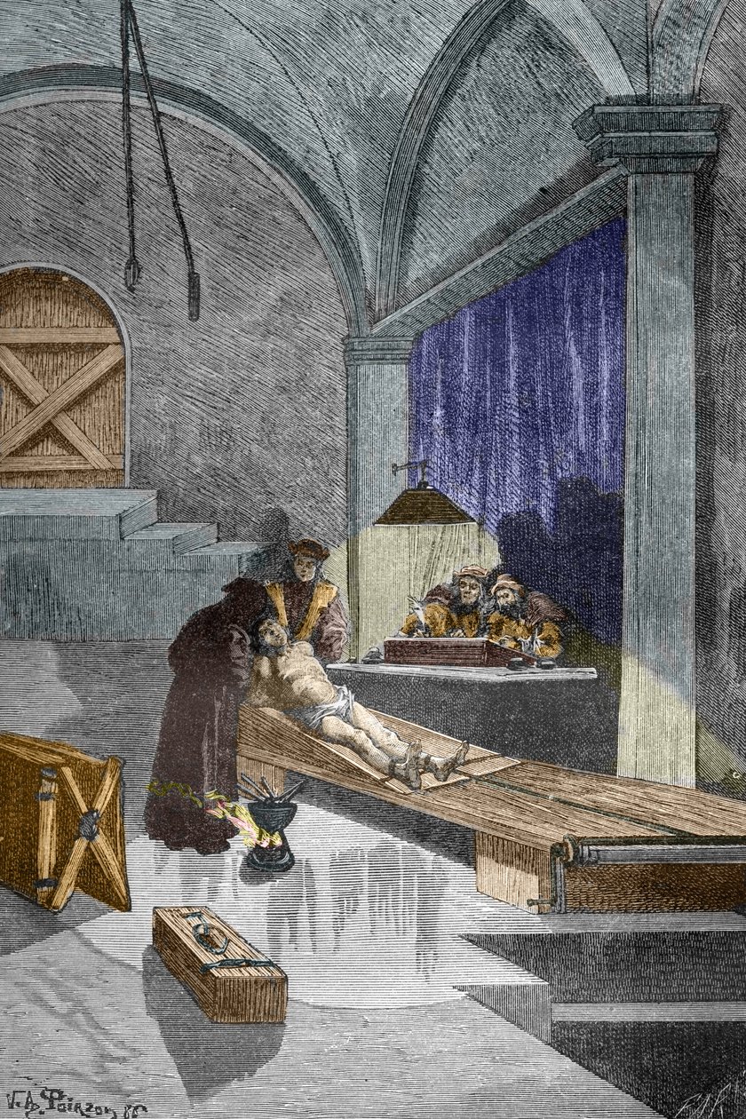 Cadılıkla suçlanan rahip Pierre Aupetit'in diri diri yakılmadan önce işkenceye tabi tutulması, 25/05/1588 (gravür) by Victor Armand Poirson