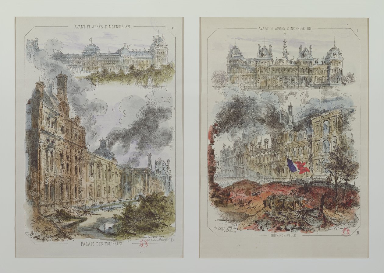 1871 yangınlarından önce ve sonra Tuileries Sarayı ve Hotel de Ville