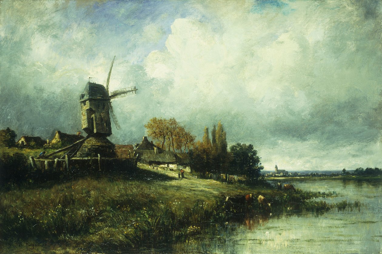 Yel Değirmenli Bir Nehir Manzarası, 1870 by Leon Victor Dupre