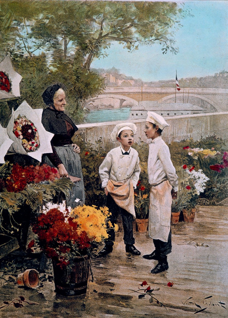 Patronun partisi Çıraklar çiçekçiler ve rıhtımda bir çiçekçi. Resimden sonra gravür Victor Gabriel Gilbert (1847-1933) 19. yüzyıl. Paris, dekoratif sanatlar by Victor Gabriel Gilbert