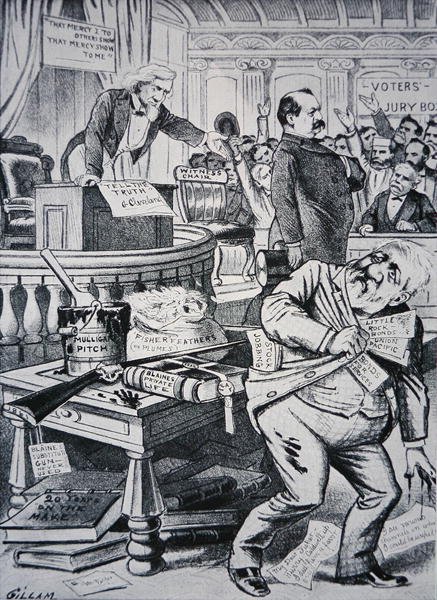 Grover Cleveland (1837-1908) özel hayatı hakkında doğruyu söylerken, rakibi James Blaine (1830-93) yozlaşmış biri olarak tasvir ediliyor. by Victor Gillam