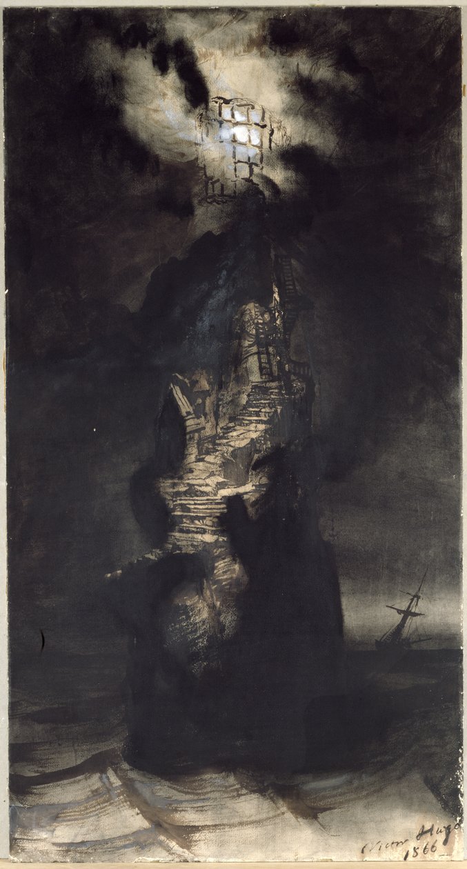 Casquets Deniz Feneri, 1866 (kağıt üzerinde kalem ve mürekkeple yıkama) by Victor Hugo