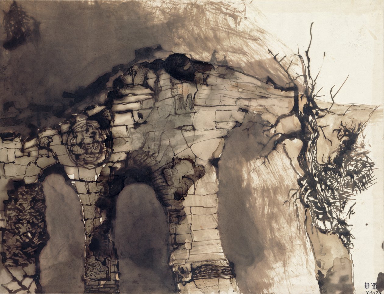 Old Bridge (kağıt üzerinde kalem ve mürekkeple yıkama) by Victor Hugo