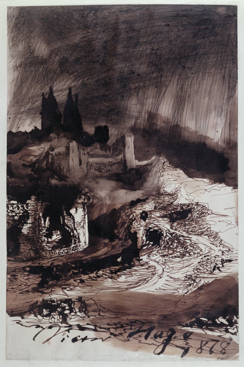 The Castle, 1878 (kalem ve mürekkep ve kağıt üzerinde yıkama) by Victor Hugo