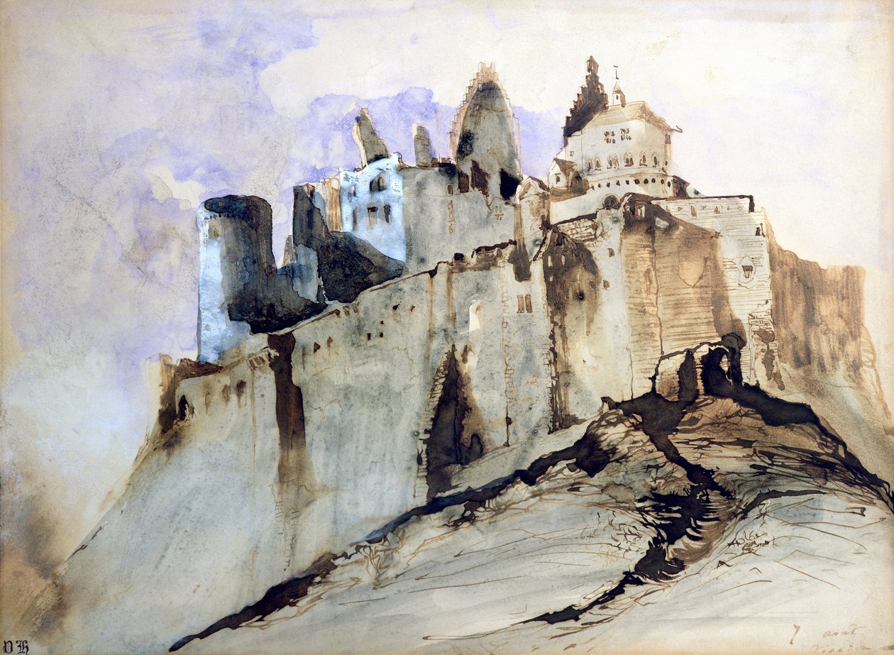 Vianden Şatosu, 1871 (wc, kalem ve mürekkep ve kağıt üzerinde yıkama) by Victor Hugo