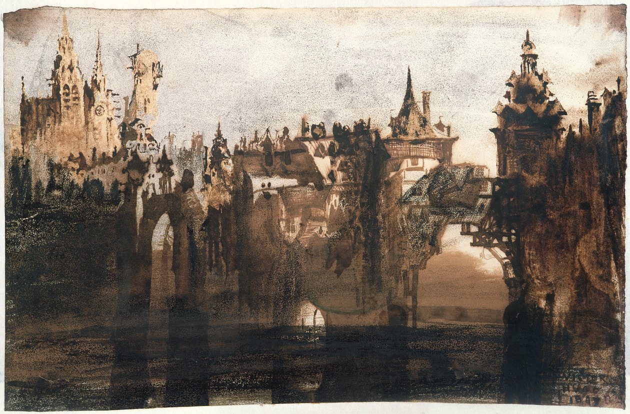 Kırık Köprülü Kasaba (grafit, Hint mürekkebi ve kağıt üzerinde sepya) by Victor Hugo