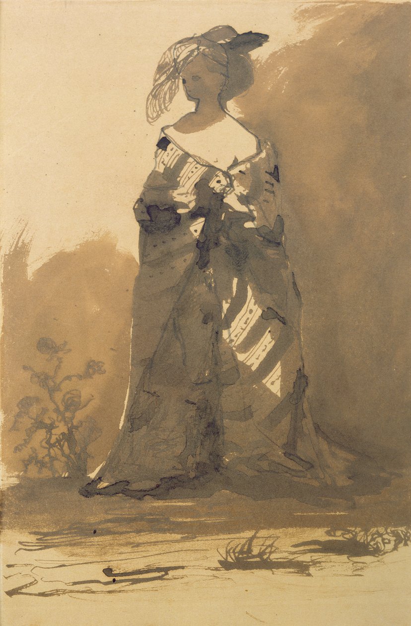 Palto ve Tüylü Şapka Takan Kadın (kalem ve mürekkep ve kağıt üzerinde yıkama) by Victor Hugo
