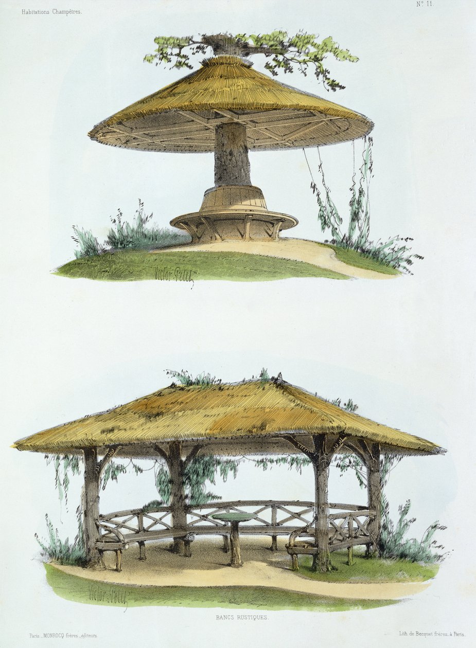 'Habitations Champetres'ten rustik banklar, 1855 dolaylarında yayınlandı (kromolitograf) by Victor Jean Baptiste Petit
