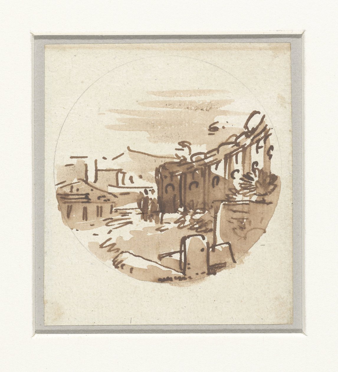 Kıvrımlı bir duvarda klasik binaların, bir tapınağın ve bir revakın üstünkörü bir taslağı by Victor Jean Nicolle