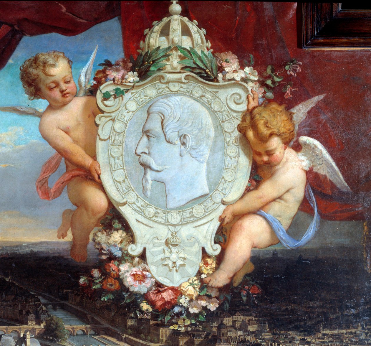 Detay: “” III. Napolyon Louvre”” “” Palais du Louvre manzarası ve madalyonda III. Napolyon (1808-1873) portresi”” Victor Joseph Chavet (1822-1906) 1857 Güneş. 2,12 x 2,22 m Paris, Louvre Müzesi. by Victor Joseph Chavet