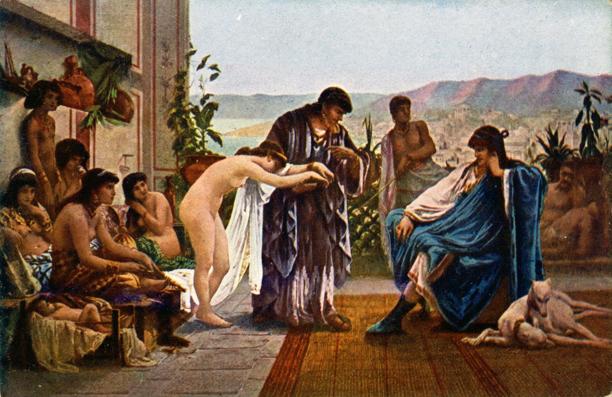 Tarih. Antik Roma. Köle tüccarı. İllüstrasyon, V. Giraud, Çek Cumhuriyeti, 1910 dolayları (kartpostal) by Victor Julien Giraud