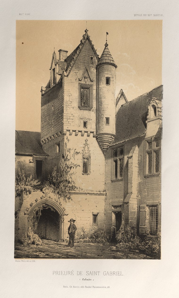 15. Yüzyılın Pitoresk Mimarisi veya Anıtları. ve XVI. Yüzyıllar: XV ve XVI Yüzyılların Fransa Şatosu: Levha 46, Aziz Gabriel Manastırı (Calvados) by Victor Petit