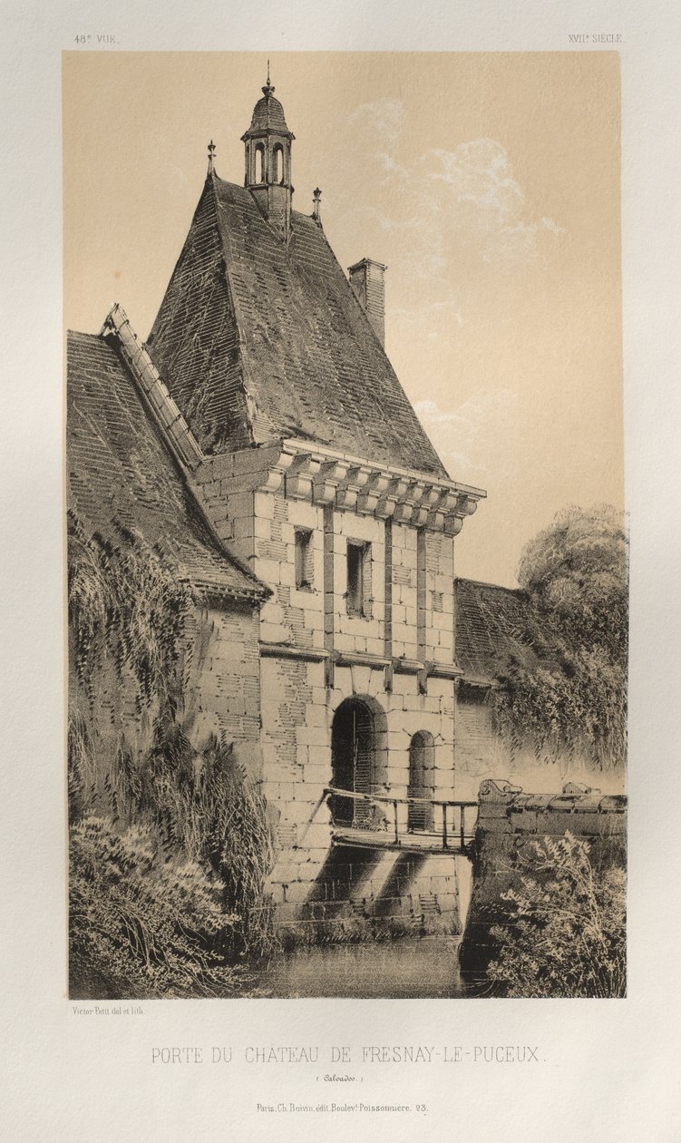 15. Yüzyılın Pitoresk Mimarisi veya Anıtları. ve XVI. Yüzyıllar: XV ve XVI Yüzyılların Fransa Kaleleri: Levha 48, Fresnay-Le-Puceux Kalesi Kapısı (Calvados) by Victor Petit
