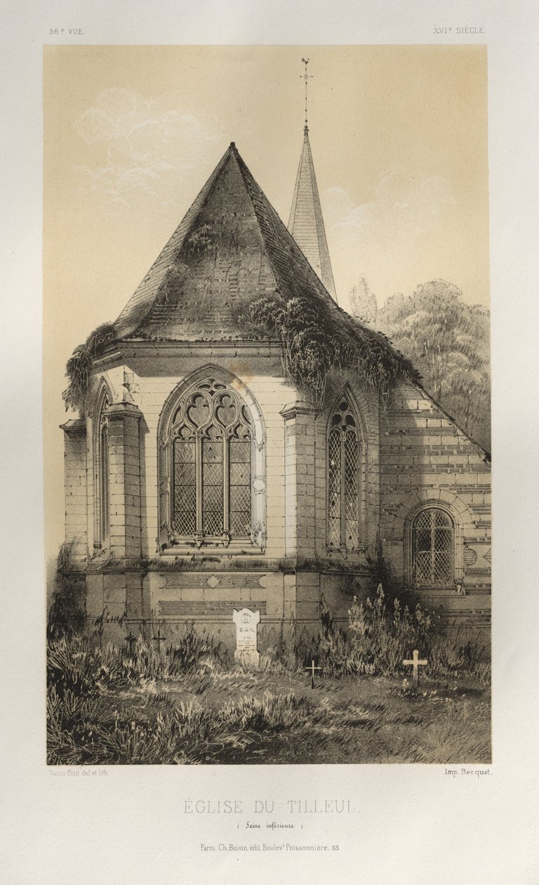 15. Yüzyılın Pitoresk Mimarisi veya Anıtları. ve XVI. Yüzyıllar: XV ve XVI Yüzyıllardan Fransa Şatosu: Pl. 56, Du Tilleul Kilisesi (Aşağı Seine) by Victor Petit