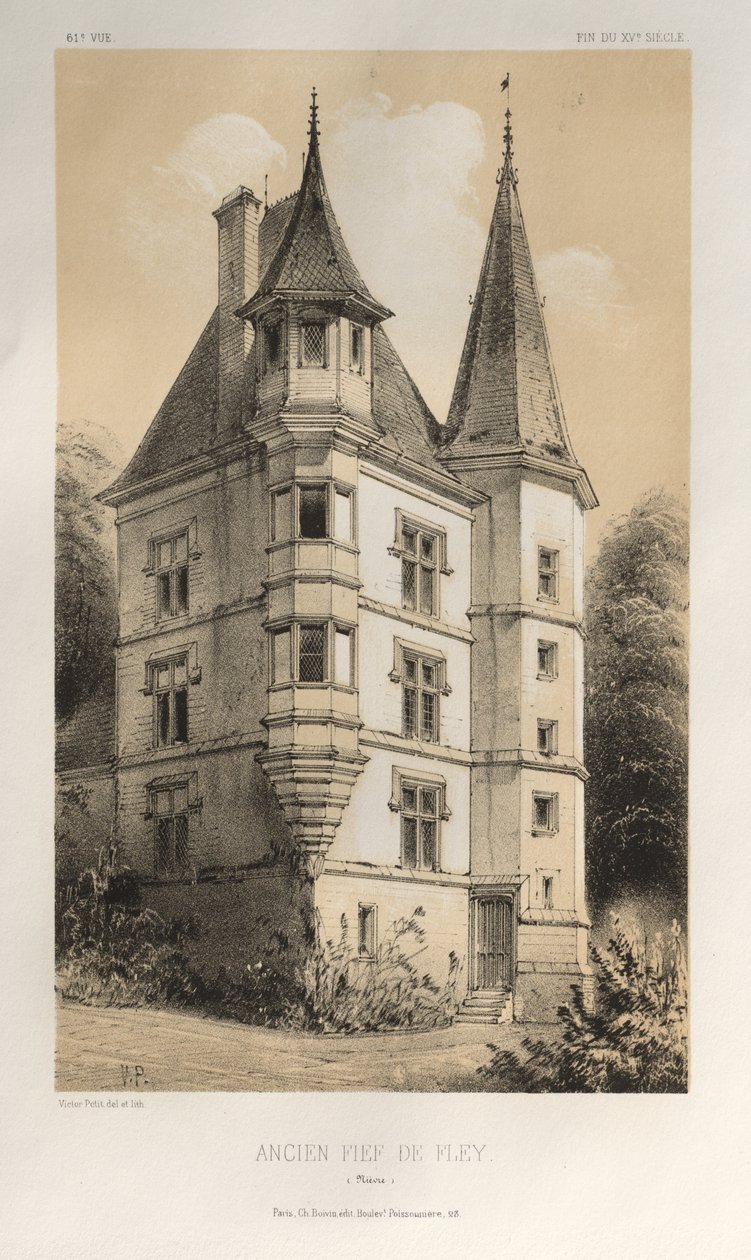 15. Yüzyılın Pitoresk Mimarisi veya Anıtları. ve XVI. Yüzyıllar: XV ve XVI Yüzyılların Fransa Kaleleri: Pl. 61, Eski Fief De Fley (Nièvre) by Victor Petit