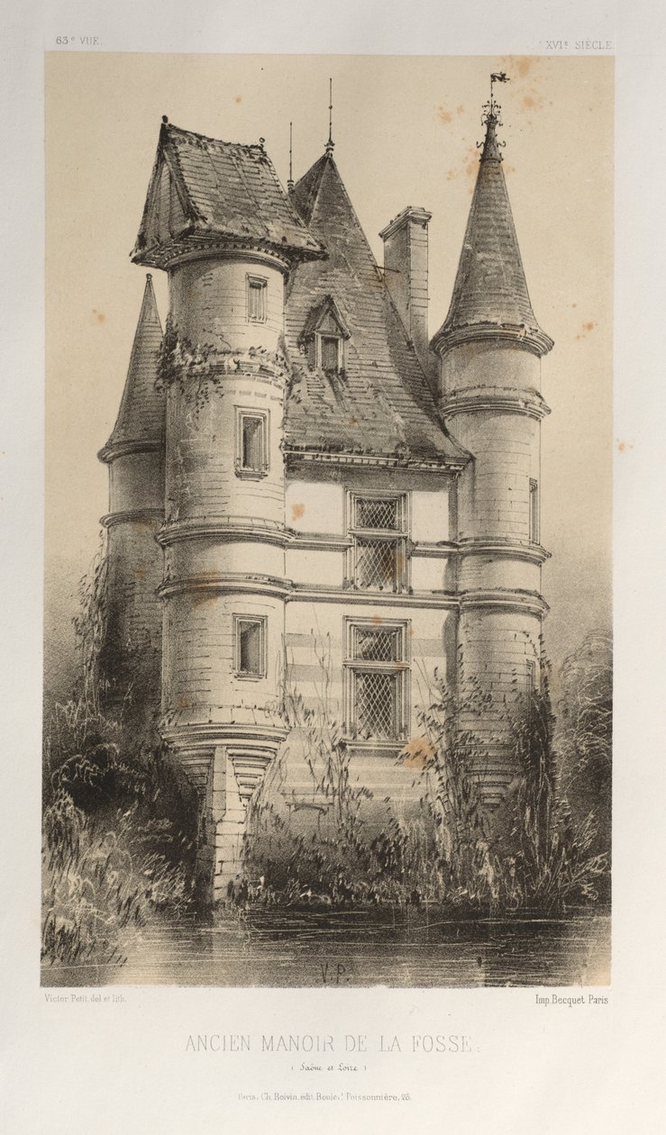 15. Yüzyılın Pitoresk Mimarisi veya Anıtları. ve XVI. Yüzyıllar: XV ve XVI Yüzyılların Fransa Şatosu: Pl. 63, Eski Malikane De La Fosse (Saône et Loire) by Victor Petit