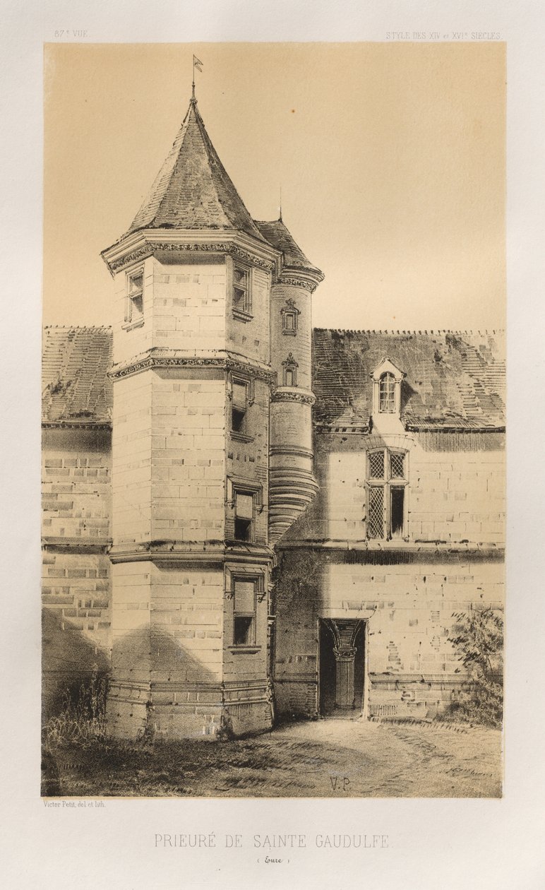 15. Yüzyılın Pitoresk Mimarisi veya Anıtları. ve XVI. Yüzyıllar: XV ve XVI Yüzyılların Fransa Kaleleri: Levha 87, Sainte Gaudulfe Manastırı (Eure) by Victor Petit