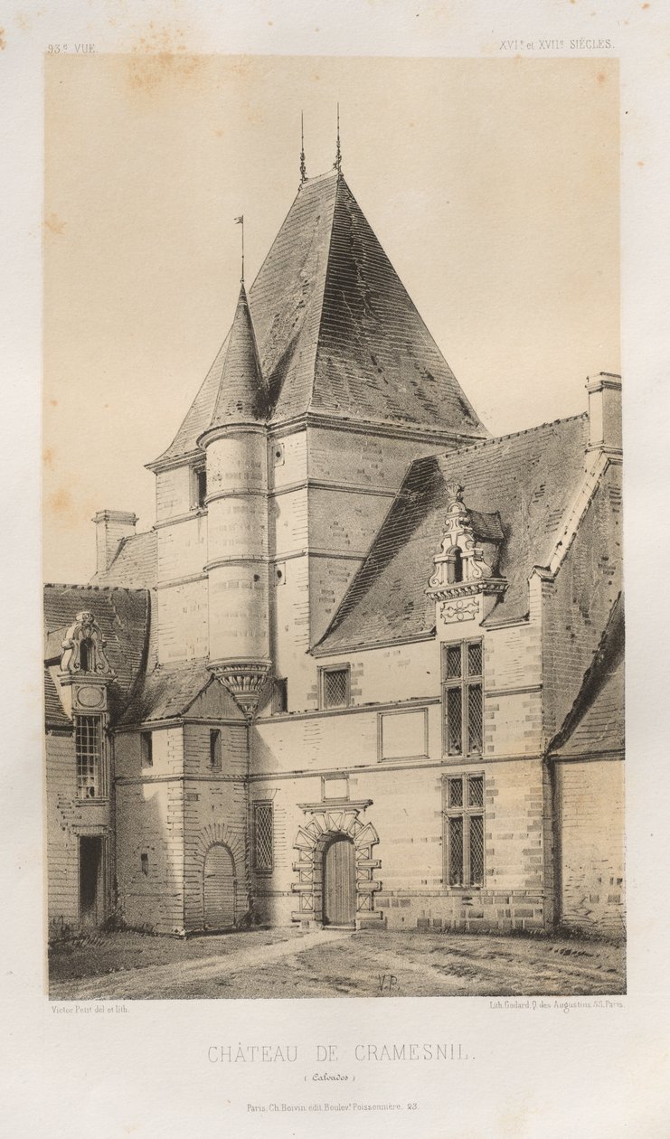 15. Yüzyılın Pitoresk Mimarisi veya Anıtları. ve XVI. Yüzyıllar: XV ve XVI Yüzyılların Fransa Kaleleri: Pl. 93, Château de Cramesnil (Calvados) by Victor Petit