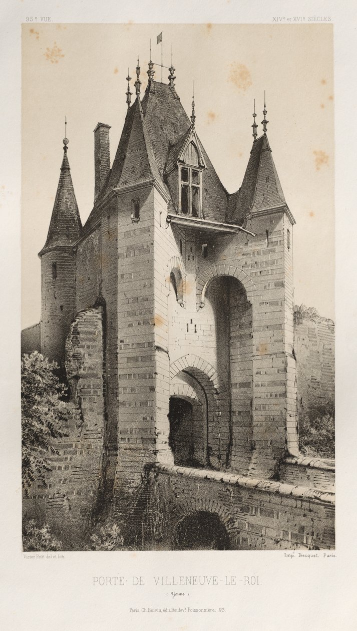 15. Yüzyılın Pitoresk Mimarisi veya Anıtları. ve XVI. Yüzyıllar: XV ve XVI Yüzyılların Fransa Kaleleri: Pl. 95, Porte de Villeneuve-Le-Roi (Yonne) by Victor Petit