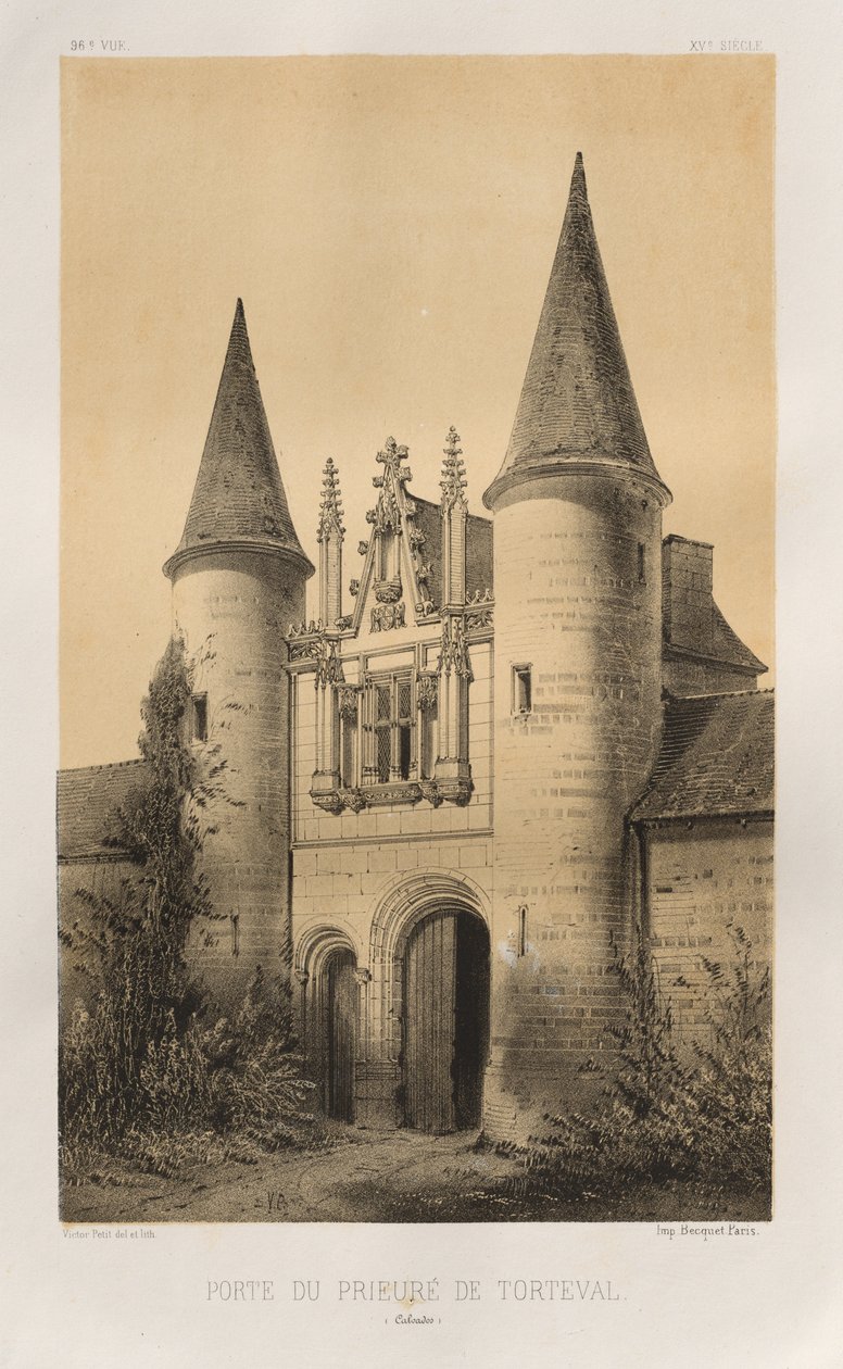 15. Yüzyılın Pitoresk Mimarisi veya Anıtları. ve XVI. Yüzyıllar: XV ve XVI Yüzyılların Fransa Kaleleri: Levha 96, Torteval Manastırı Kapısı (Calvados) by Victor Petit