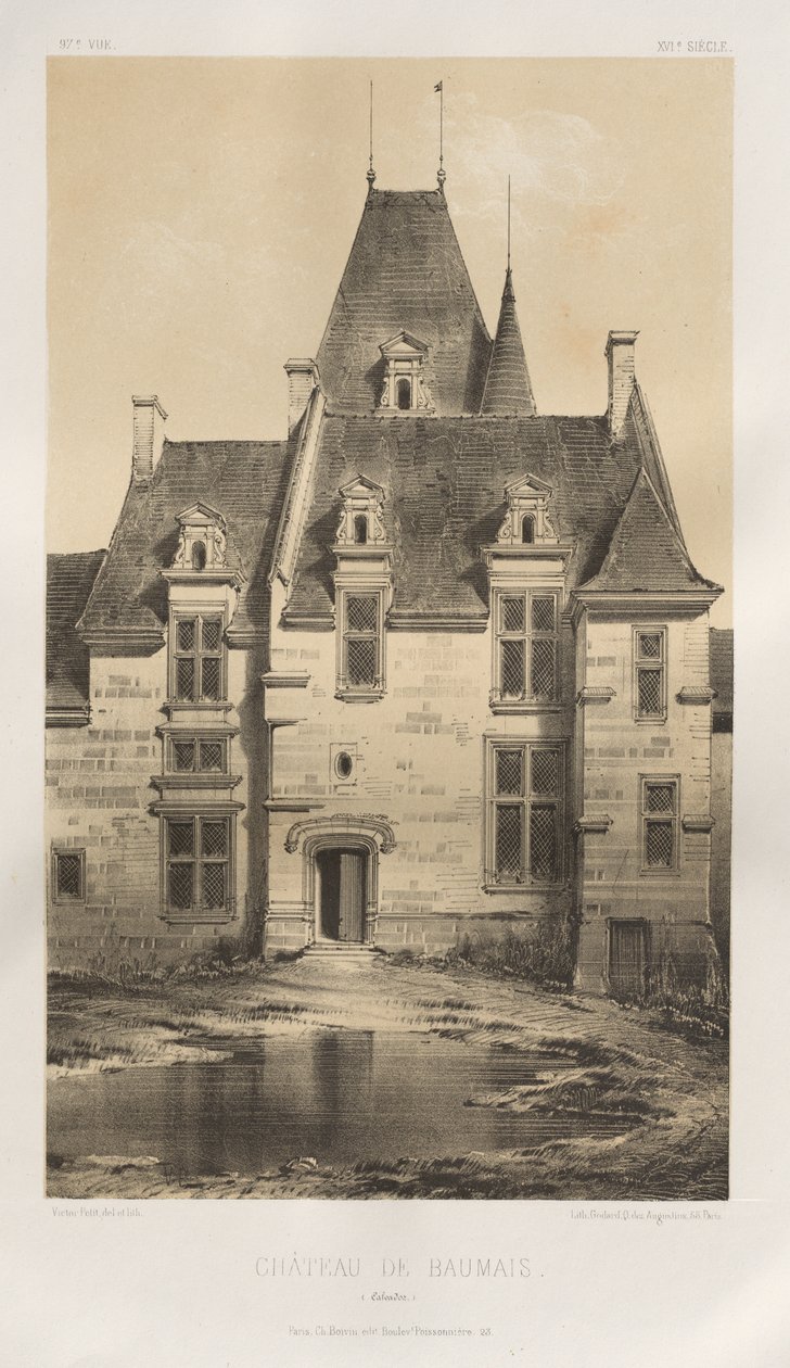 15. Yüzyılın Pitoresk Mimarisi veya Anıtları. ve XVI. Yüzyıllar: XV ve XVI Yüzyılların Fransa Kaleleri: Pl. 97, Château de Baumais (Calvados) by Victor Petit