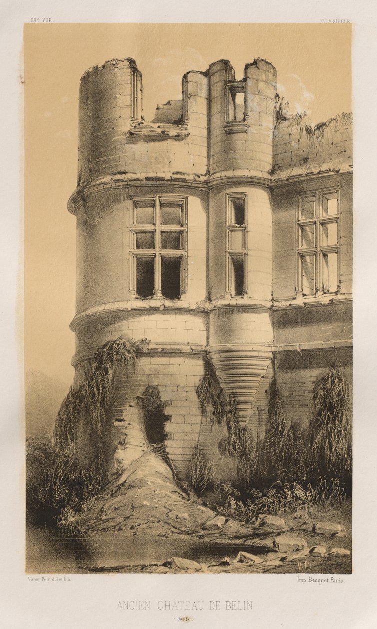 15. Yüzyılın Pitoresk Mimarisi veya Anıtları. ve XVI. Yüzyıllar: XV ve XVI Yüzyılların Fransa Kaleleri: Pl. 99, Belin Eski Şatosu (Sarthe) by Victor Petit