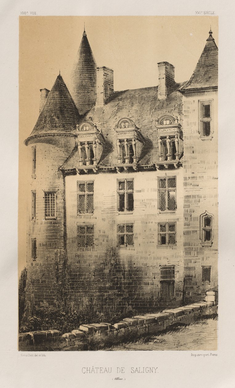 15. Yüzyılın Pitoresk Mimarisi veya Anıtları. ve XVI. Yüzyıllar: XV ve XVI Yüzyılların Fransa Şatosu: Pl.100, Château de Saligny (Müttefikler) by Victor Petit